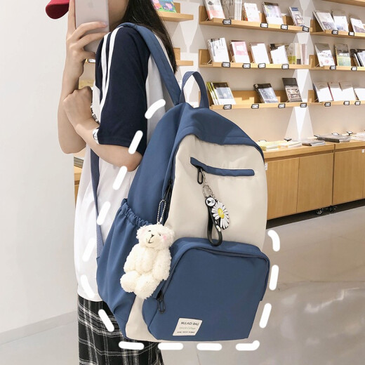 Jiangyu schoolbag female junior high school student simple ins Japanese Korean version high school student middle school student ultra-light campus small fresh large capacity backpack college student canvas cute primary school student backpack waterproof blue [Follow the store and add Little Bear]