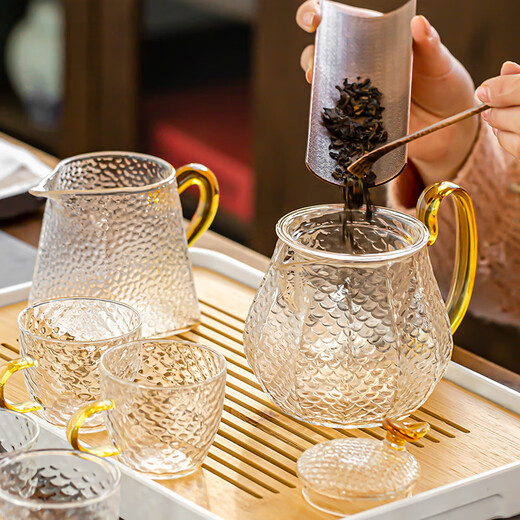 Porcelain brand tea set glass tea set household tea tray complete set with filter teapot thickened heat-resistant teapot tea cup large capacity