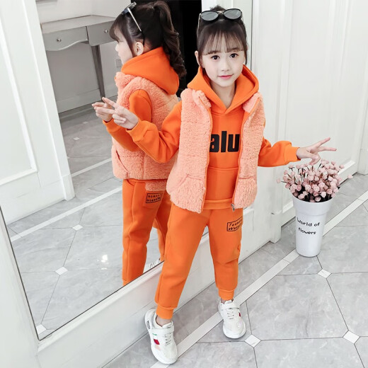 Nojia Weiqi Children's Clothing Girls Suit Autumn and Winter New Children's Velvet Thickened Sweater Pants Medium and Large Children's Clothes Girls Three-piece Set Orange 150 Size Recommended Height Around 140CM