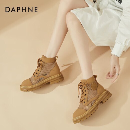 达芙妮（DAPHNE）马丁靴女厚底增高网面透气夏季休闲凉靴新款百搭英伦风女鞋 黄色   跟高5cm 36 (230mm) 标准码