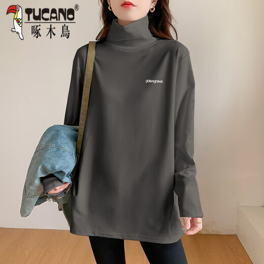Woodpecker German velvet turtleneck bottoming shirt for women with thickened warm loose large size mid-length top fashionable long-sleeved T-shirt trendy AD0189 white M 95-115Jin Jin is equal to 0.5 kg