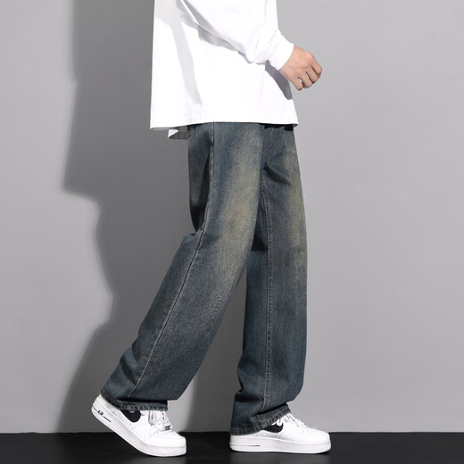 MAYBEYOND jeans men's American fashion brand high street workwear straight pants loose casual wide leg pants MA46 blue XL
