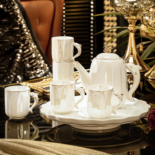 NINE CRANES Creative Jingdezhen Tea Set Light Luxury High-end Housewarming Gift New Home Cup Ceramic Kettle Living Room Hospitality Water Set 8-piece High-end Gift Box