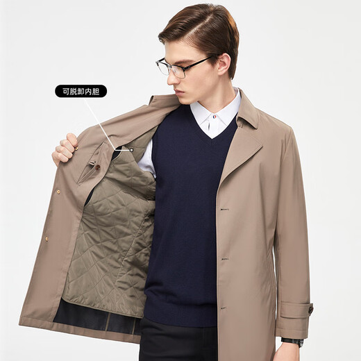YOUNGOR windbreaker men's double lapel long cotton windbreaker polyester fiber not easy to wrinkle, shape-keeping, elastic and durable VYCF429949YAA Khaki L 175/96A