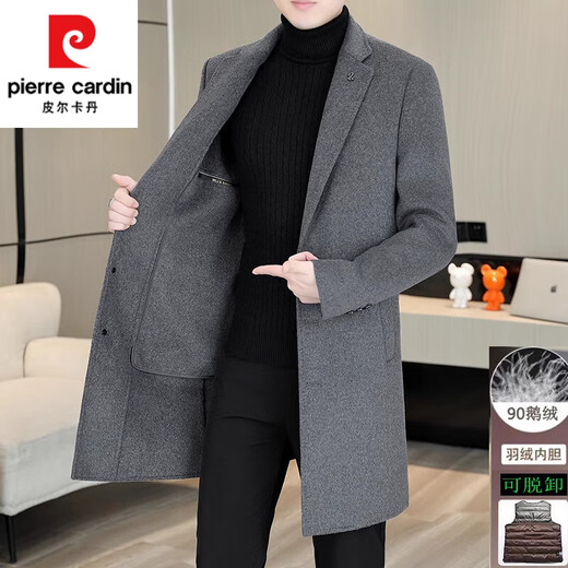 Pierre Cardin goose down lining wool double-sided woolen coat men's thickened woolen coat men's autumn and winter mid-length cashmere windbreaker khaki MN5582 suit collar wool double-sided woolen coat 3XL (155-165Jin Jin equals 0.5kg)