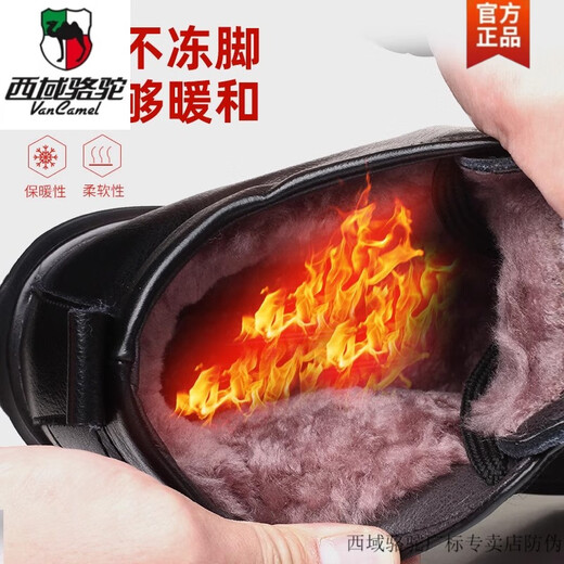 西域骆驼棉鞋男2024新款冬季加绒加厚保暖中老年爸爸鞋真皮休闲高帮棉皮鞋 普通羊毛羊绒9866黑色-骆驼官方 38