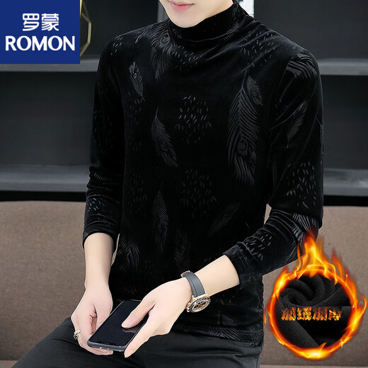 ROMON Camisa base regular de media altura de media altura para hombres de terciopelo de oro negro simple para hombres Camisa de manga larga para otoño e invierno