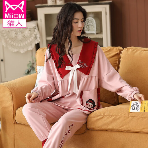 Catman Pajamas for Women Korean Bow Neckline Princess Pink Home Clothes Ladies Can Wear Long Sleeve School Uniform Collar Pullover Pajamas Home Clothes Set Pink XL