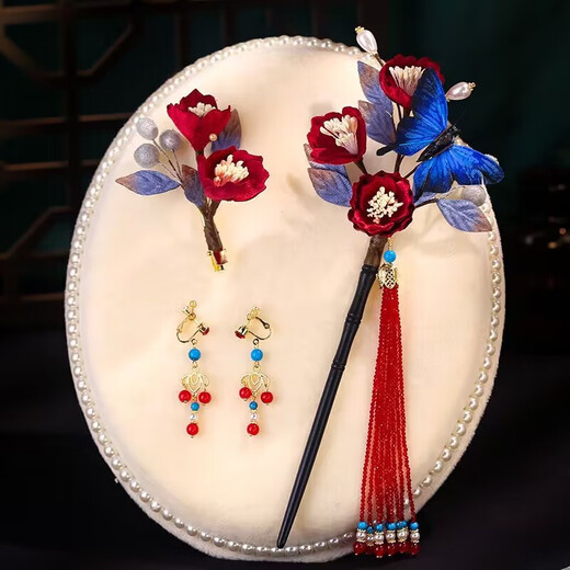 Meng Junchen Chinese style bridal headwear cheongsam morning gown Hanfu intangible cultural heritage velvet flower hairpin hair accessories classical wedding ethnic style accessories burgundy velvet flower butterfly tassel hairpin set