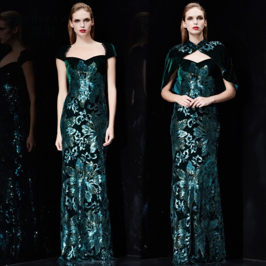 SERLEAY brand 2020 new autumn and winter noble and elegant long velvet high-end dress banquet cocktail evening dress temperament female dark green M