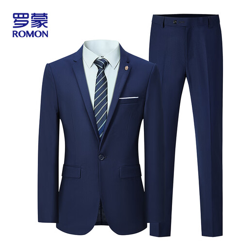 ROMON Suit Men's Business Slim Professional Formal Wear Groomsman Groom Wedding Dress Two-piece Set Y306 Navy Blue 2XL