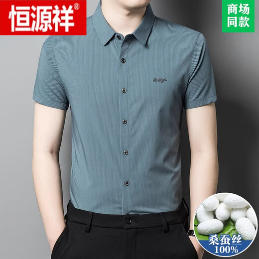 恒源祥2024夏季新款男士条纹短袖衬衫桑蚕丝商务休闲冰 丝衬衣男 FC2603款-深灰 175 【适合体重130-150斤】