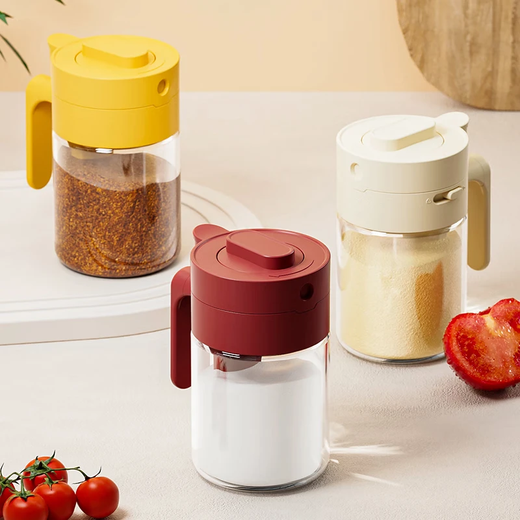 Home KATEI STORY Japanese seasoning box kitchen seasoning jar seasoning box glass salt shaker storage container moisture-proof seasoning jar quantitative high-end gray lid with small spoon 3-piece set 300ml