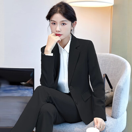 Small suit for women, spring, autumn and winter long-sleeved professional suit, business formal wear, interview, work, teacher sales work clothes, black female, suit jacket + pants + white shirt, 2XL size, about 115-124 Jin Jin is equal to 0.5 kg. Wear