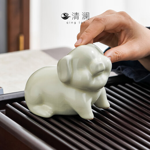 Qinglan (QINGLAN) Ru Kiln tea pet ornaments can be opened to raise creative tea accessories for home and office zodiac pig Kung Fu tea set ornaments beige Ru Kiln lucky pig tea pet