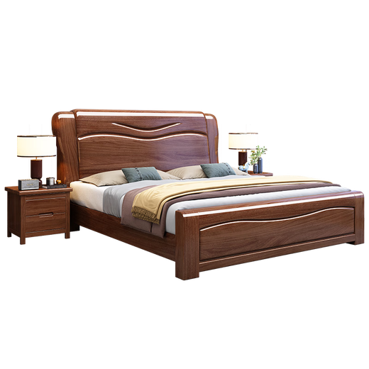 Fanyi Massivholzbett, goldene Walnuss -Single und doppelte 1,8 Meter 1,5 m chinesische leichte Luxus -Hochboxschubladen -Aufbewahrungsbett 826# Festholzbett + Nachttisch*1 1,8 m*2,0 m