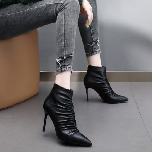 Nuojin trendy brand stiletto pointed toe nude boots high heels winter new Korean version versatile Martin boots short boots temperament socialite European and American fashion pleated women's boots black 36