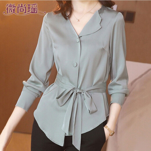 Wei Shangyao shirt women's 2021 spring new temperament V-neck long-sleeved buttoned slim shirt women's fashionable and versatile mid-length casual top for women 1604 gray green M