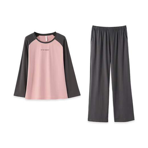Anzhiban couple's pajamas can be worn outside in spring and autumn, simple and versatile, casual round neck pullover, long sleeves and trousers, home wear set, rose pink (women's versatile style - 5% spandex with elasticity) XL