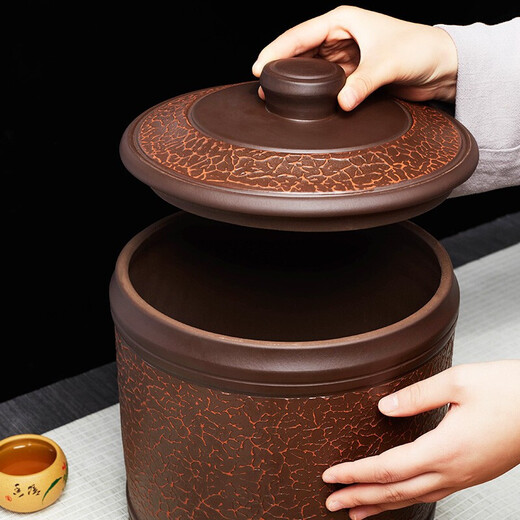 Zunhu tea cake jar Yixing purple clay tea jar large tea cake jar Pu'er white tea storage tea jar sealed awakening tea jar tree pattern seven cakes purple mud