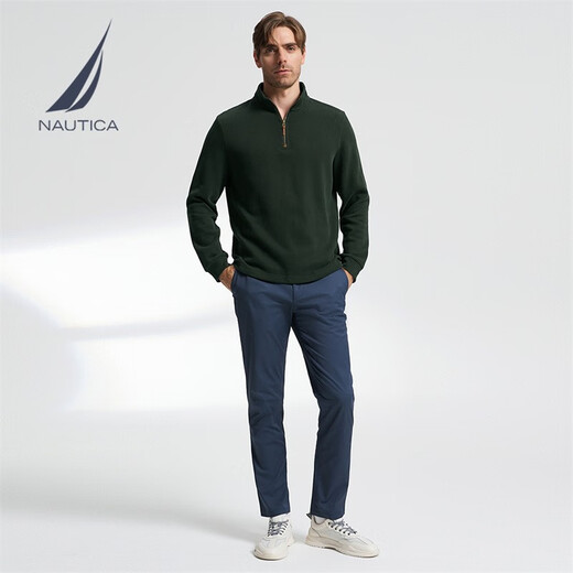 NAUTICA Shopping mall same style men's spring and autumn cotton half-cardigan casual long-sleeved POLO shirt for men KO3324 forest green 3YG XL
