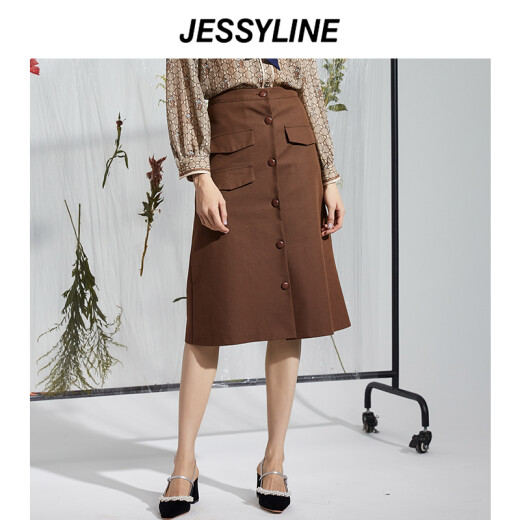 jessyline2020 autumn clothing counter model jessyline solid color mid-length skirt for women 032112117 coffee color XS/155