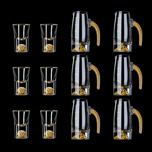 Wellsberg high-end liquor glass dispenser set 6 pots 6 cups light luxury crystal glass home small wine glass hotel wine cup wine set gold foil Jinshan 100ml*6 + gold foil cup 10ml*6