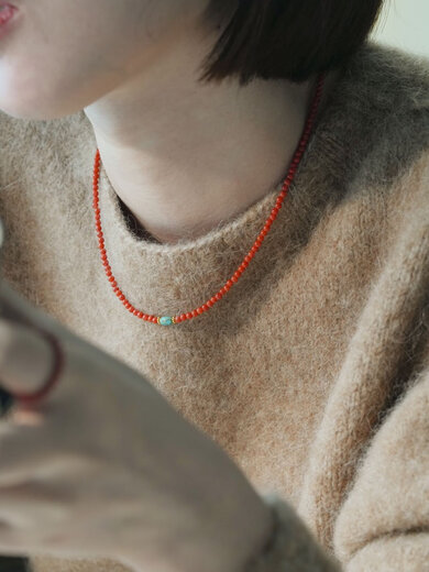 Ouyin Natural Nanhong Necklace Full Color Full Flesh Persimmon Red Stacked Millet Beads Clavicle Chain Raw Mineral Turquoise New Chinese Style Nanhong Necklace Length 45cm