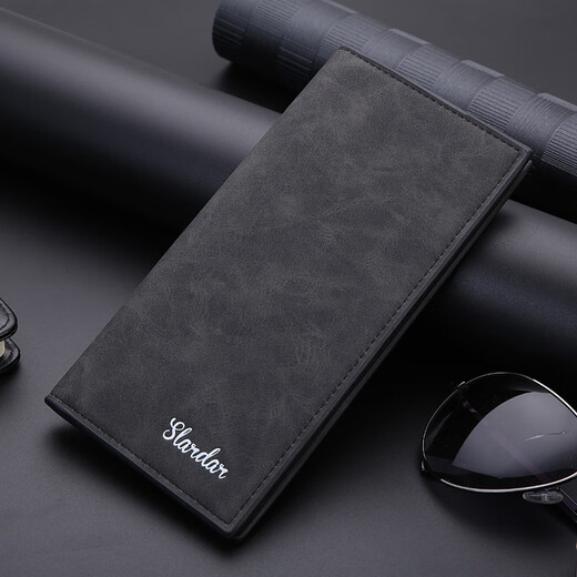 Tenggexiang Herren-Geldbörse, lange Geldbörse, Herren-Geldbörse, männlicher Student, Retro-Multifunktions-Vertikal-Kartenhalter, personalisierte dünne Jugend-Ledertasche, Schwarz