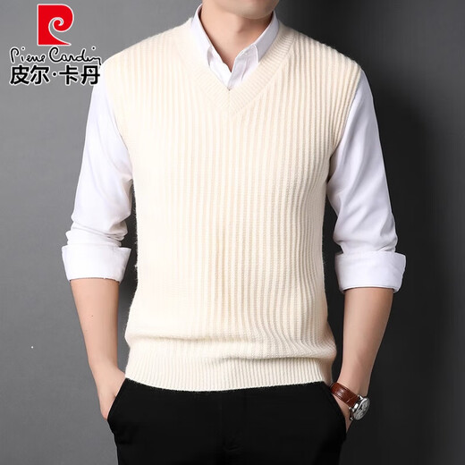 Pierre Cardin knitted vest men's V-neck loose solid color bottoming shirt autumn and winter sleeveless sweater soft imitation mink vest trendy white 170/L