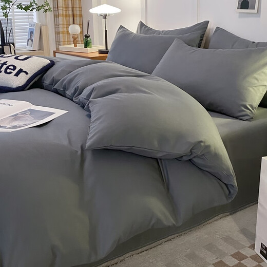 Rouxi washed cotton four-piece set light luxury solid color skin-friendly naked sleeping single dormitory bed sheet quilt cover double home bedding high-grade gray 1.8m bed sheet four-piece set-quilt cover 180*220cm Rouxi washed cotton four-piece set light luxury solid color skin-friendly naked sleeping single dormitory bed sheet quilt cover double home bedding high-grade gray 1.8m bed sheet four-piece set-quilt cover 180*220cm