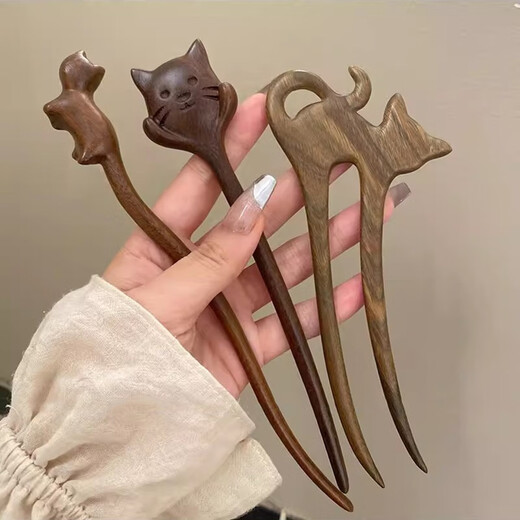 Two generations of happy cats and cat lovers, sandalwood hairpins for women, antique style cute hairpins, hairpins, high-end antique style Hanfu headwear, sandalwood kittens