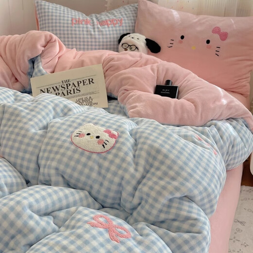 Enxing winter thickened plus velvet bed four-piece set coral milk flannel towel embroidered quilt cover sheet baby velvet bedding GL Blue Cat Cat A thickened milk velvet softer and warmer 1.5m bed sheet style four-piece set - quilt cover 200*230cm