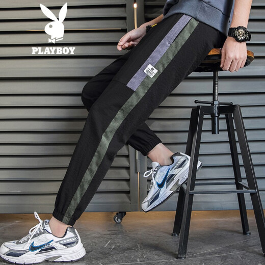 Playboy Casual Pants Men's Spring and Summer Trendy Men's Korean Style Loose and Versatile Nine-Point Casual Pants Sports Small Foot Long Pants Trendy Men's Pants LKQS-M831 Black XL