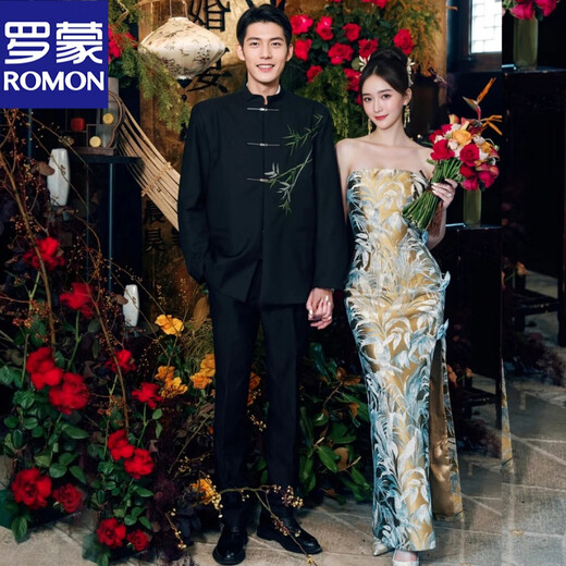 ROMON New Chinese tunic suit, engagement groom suit, men's wedding wedding high-end coat, national style embroidered suit suit, black jacket + pants XL