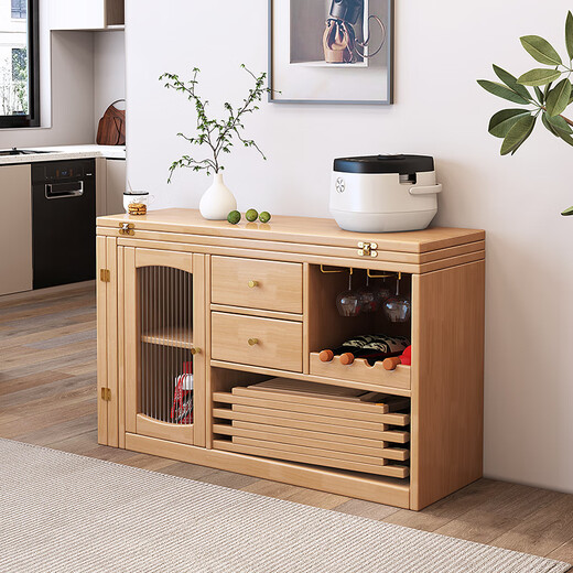 Siguyuan Solid Wood Folding Dining Table and Sideboard Integrated Small Household Dining Table Retractable Living Room Storage Cabinet Complete 1.2 Meter Single Sideboard (Walnut Color) Self-installation