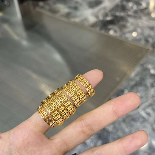 MHFDO 18K gold-plated copper coin ring, solid non-demolding, bright surface, hollow coin copper coin ring, 12-ring mouth Lao Fengxiang