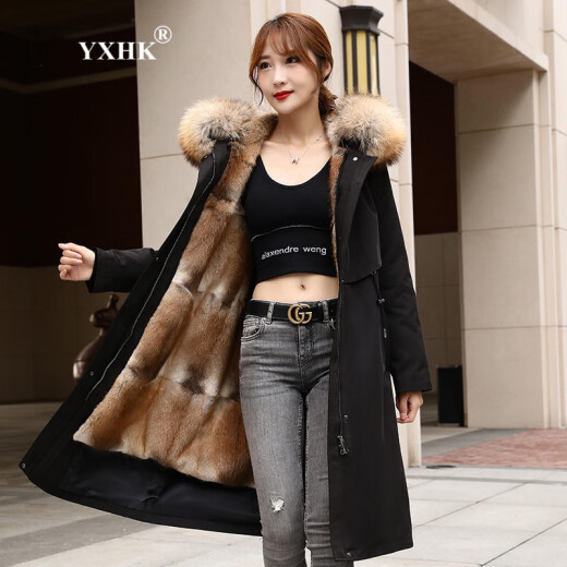 YXHK parka women's long green mink lining mink fur coat slim fit raccoon fur collar new coat dark green shell L recommended 105-120Jin [Jin equals 0.5 kg]