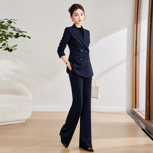 Baffia wool suit suit goddess style autumn and winter high-end professional suit jacket business commuting thick style interview navy blue suit + bell pants M