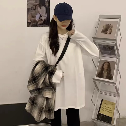 JIOESC long-sleeved t-shirt women's white Korean style loose bottoming shirt 2024 spring and autumn new style pure white top can be worn outside white long-sleeved M recommended 90-110Jin Jin equals 0.5 kg