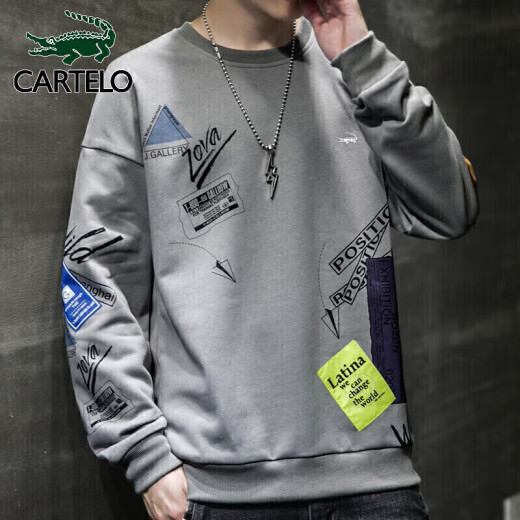 Cardile Crocodile Sweater Men's Trendy 2022 Spring and Autumn Korean Style Hong Kong Style Loose Trend Teenagers Graffiti Print Sweater Men's Round Neck Casual Men's Wear Light Gray XL