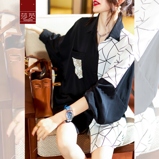[Sold Out] Shaqian stitched printed shirt women's design niche 2020 new autumn European station chiffon shirt loose fashionable shirt dark night black XL (135-150Jin [Jin equals 0.5 kg])