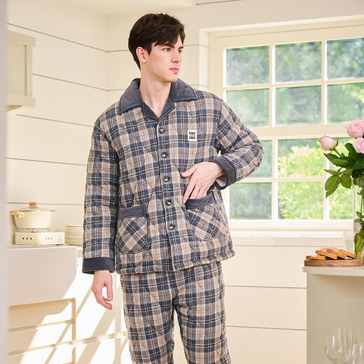 American Standard Gifts Winter New Couple Pajamas Thickened Three-layer Cotton Warm Men's and Women's Casual Plaid Can Be Weared Outer Home Clothes Dark Gray (Coral Velvet Inner Layer) XL