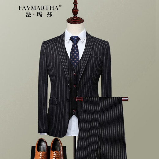 Farma Brand Striped Suit Suit Men's Groom Wedding Dress Suit 2020 Winter Casual Business Formal Wear Professional Work Wear Black Vertical Stripe S