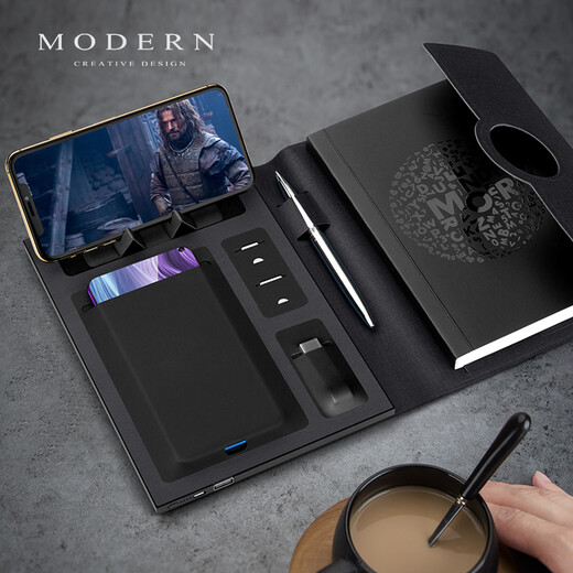 MODERN CREATIVE DESIGNMODERN多功能充电商务会议记事本A5活页定做内页刻字带充电宝的笔记本子公司定制logo高档办公文 A款灰色