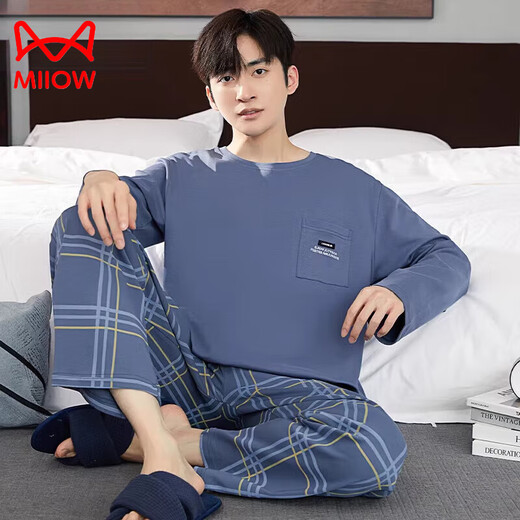 Cat Man (MiiOW) pajamas for men in spring and autumn pure cotton long-sleeved teenagers men's cotton casual large-size home clothing trousers suit LF9904 XL 175