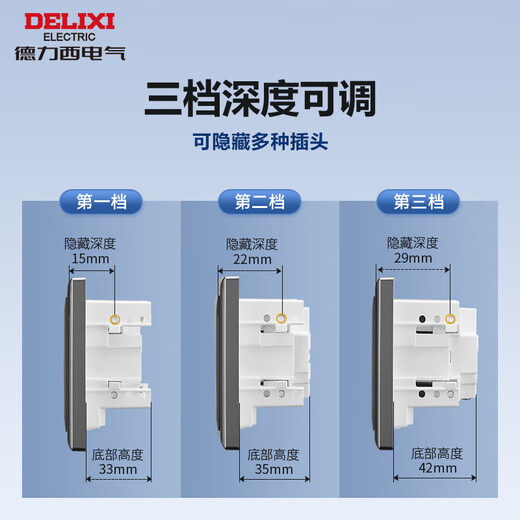 DELIXI Schaltsteckdose Typ 86, Einbausteckdose, tiefenverstellbar, Haushaltsklimaanlage, Kühlschrank, Nachttisch, versteckte Steckdose, klassisch, fünf Löcher, 10 A, Grau
