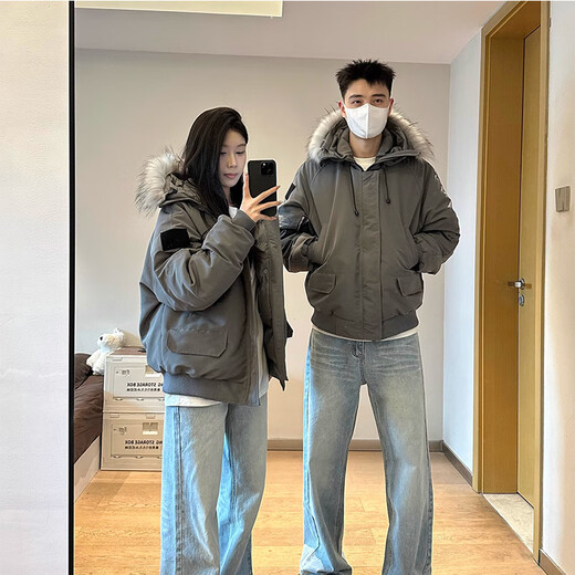 7 high-quality American retro cotton jackets for men in autumn and winter trendy brand jackets with detachable fur collar, thickened warm and loose couple jackets KNFS-N413 gray XL