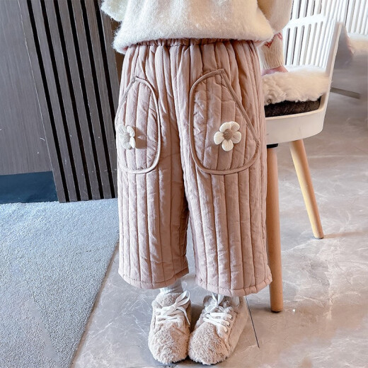 Water Flower Girl's Pants Autumn and Winter Winter Outerwear Three-layer Thickened Cotton Pants Children's Fashionable Winter Clothes for Baby Girls All-match Pants Little September Children's Clothes/Flower Velvet Cotton Pants Brown Color 90cm