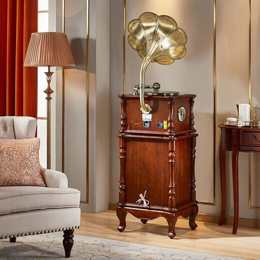 SHENGLINA American gramophone retro vinyl record player European-style living room solid wood antique light luxury record player old-fashioned home speaker all-in-one machine upgraded cherry color + karaoke function